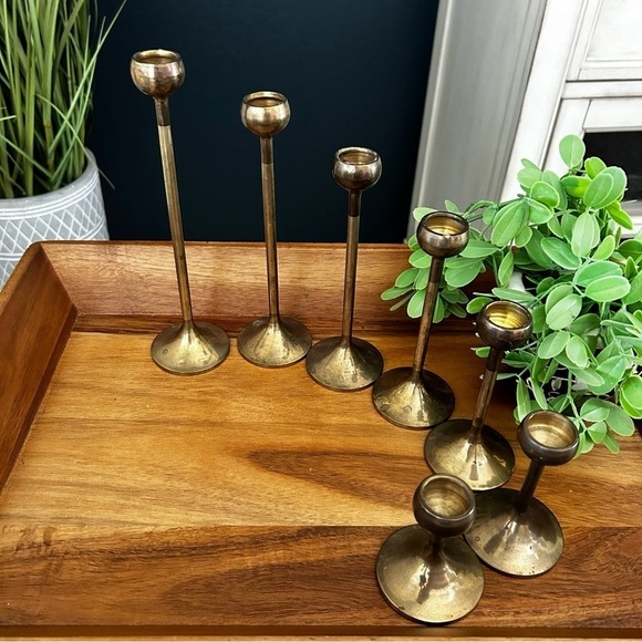 Mid Century Scandinavian Brass Graduated Candleholders - Set of 7 - Picture 7 of 9